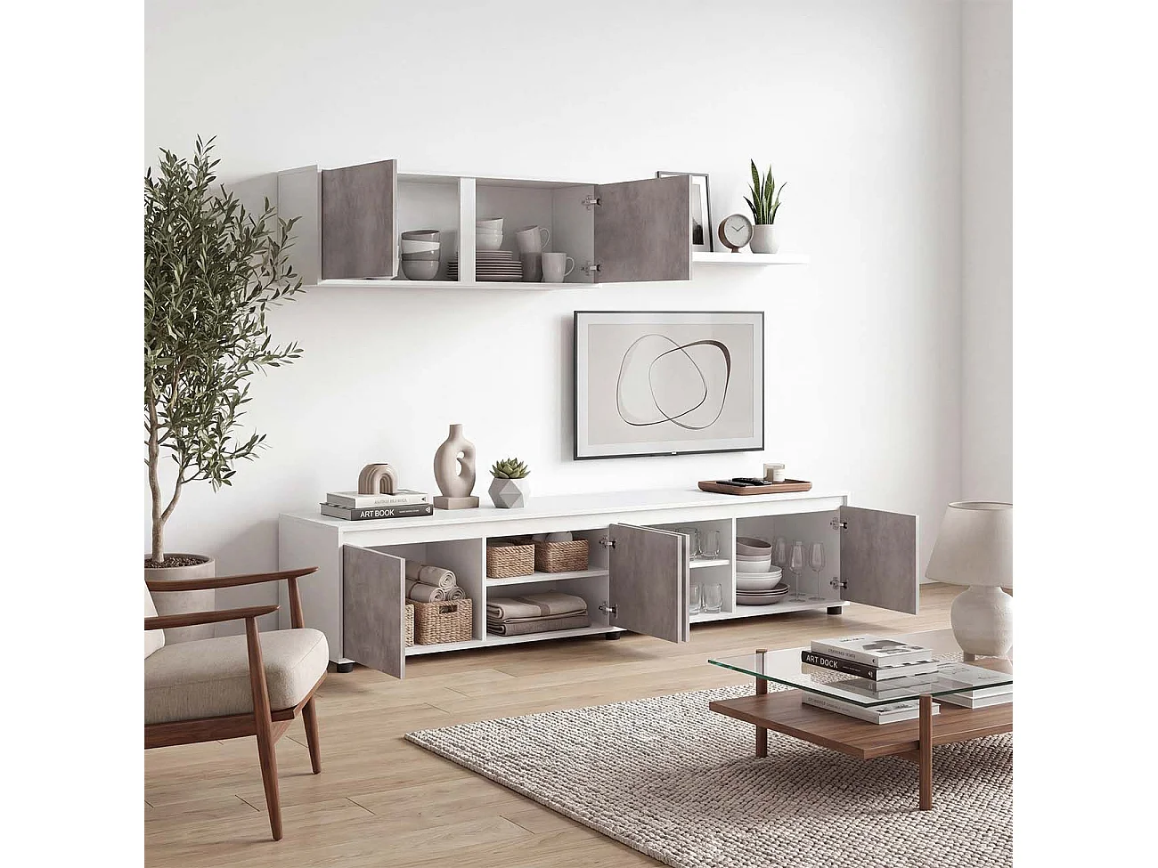 Salón con mueble de TV y estantería en blanco artik y gris cemento 200 cm Arlet Blanco Artik (Blanco Mate) - Gris Cemento
