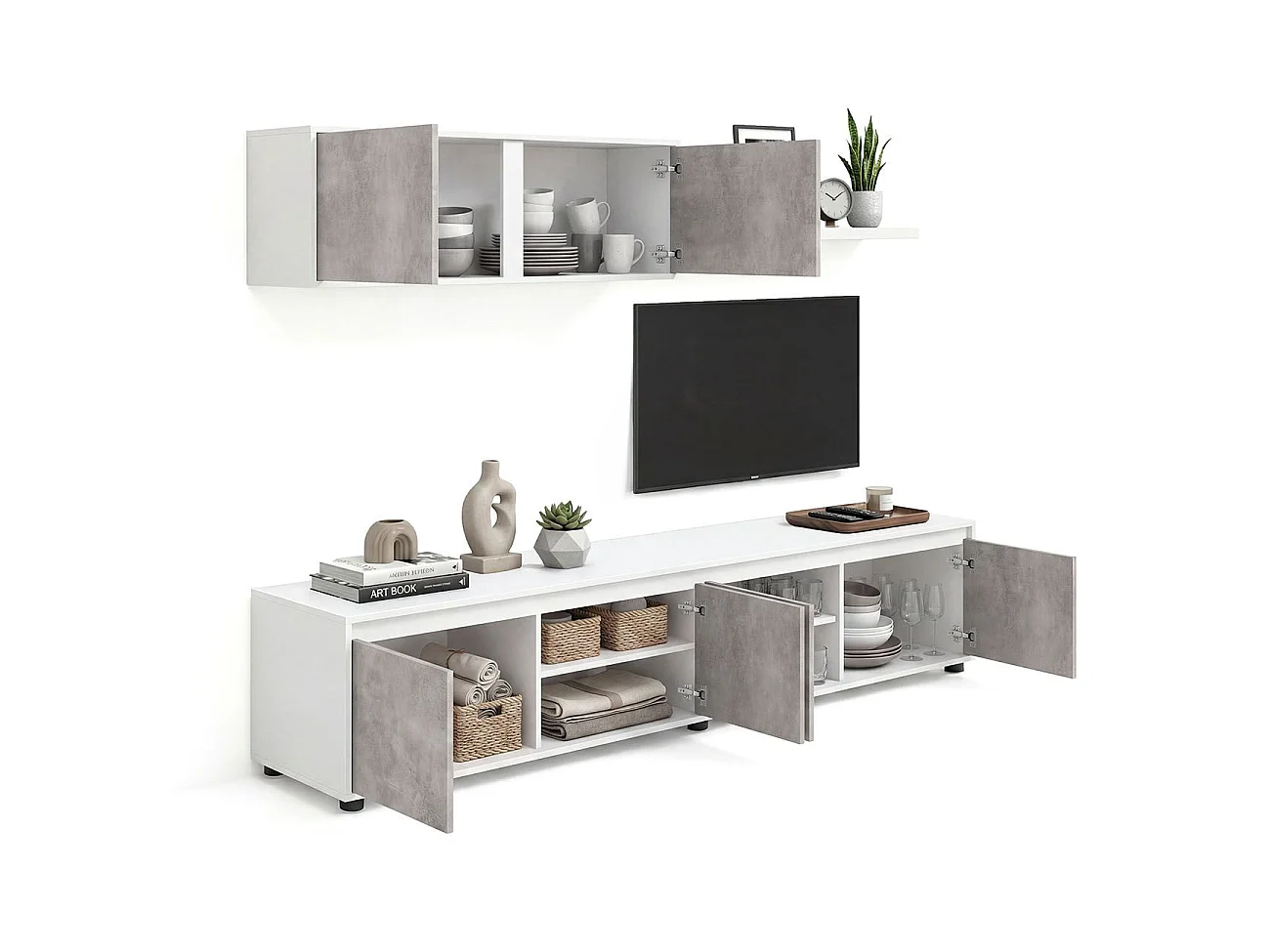 Salón con mueble de TV y estantería en blanco artik y gris cemento 200 cm Arlet Blanco Artik (Blanco Mate) - Gris Cemento