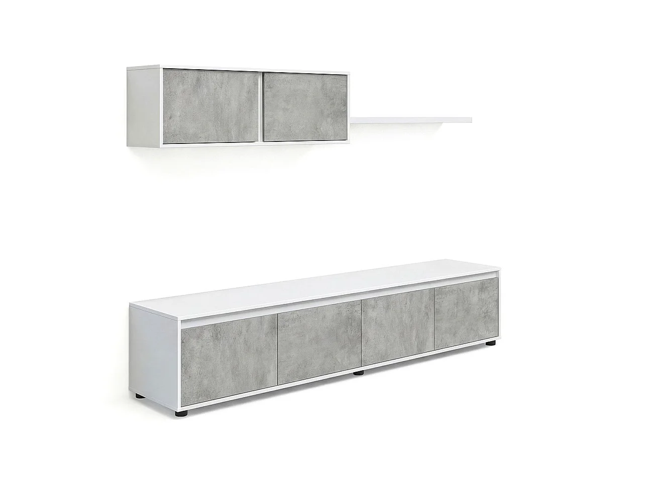 Salón con mueble de TV y estantería en blanco artik y gris cemento 200 cm Arlet Blanco Artik (Blanco Mate) - Gris Cemento