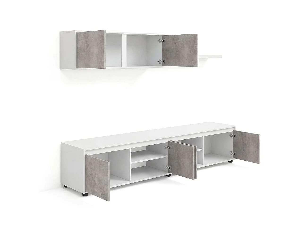 Salón con mueble de TV y estantería en blanco artik y gris cemento 200 cm Arlet Blanco Artik (Blanco Mate) - Gris Cemento