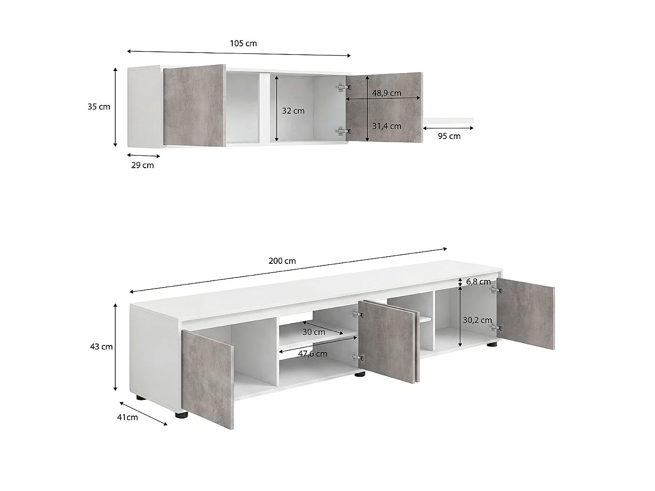 Salón con mueble de TV y estantería en blanco artik y gris cemento 200 cm Arlet Blanco Artik (Blanco Mate) - Gris Cemento