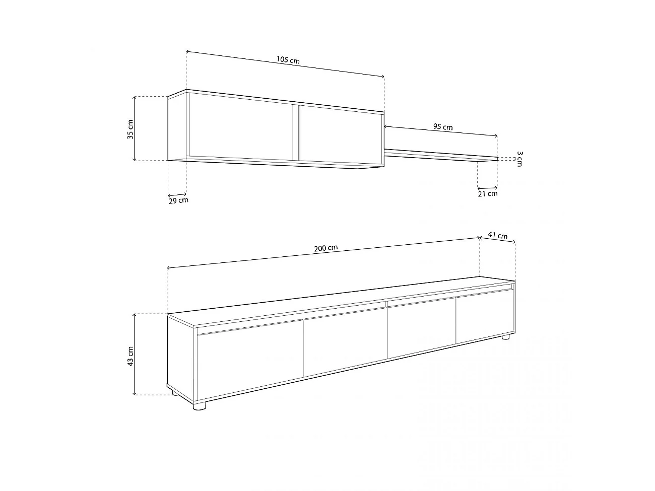 Salón con mueble de TV y estantería en blanco artik y gris cemento 200 cm Arlet Blanco Artik (Blanco Mate) - Gris Cemento