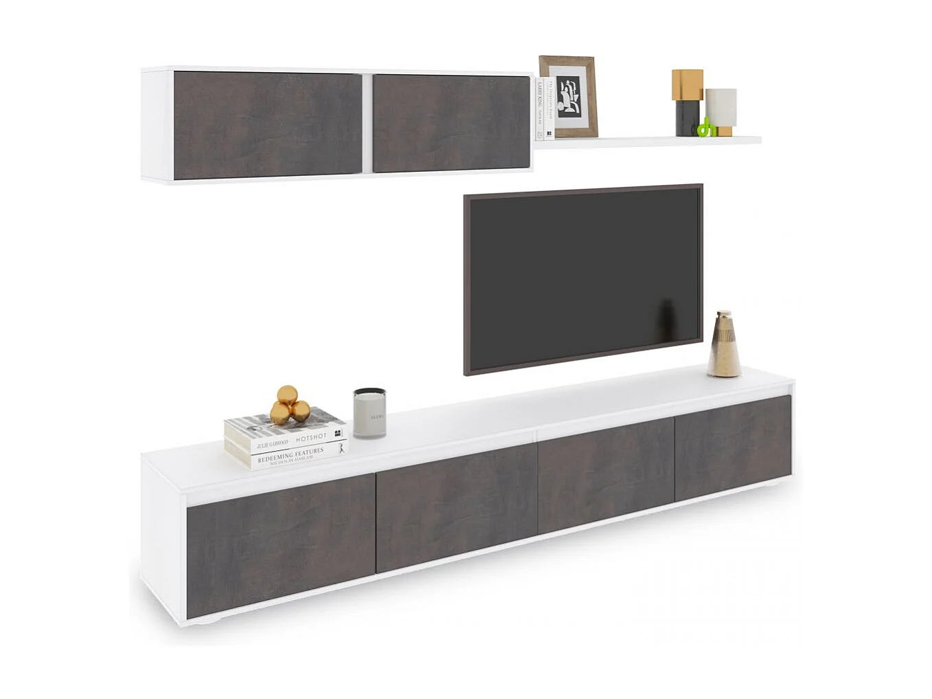 Salón con mueble de TV y estantería en blanco mate y óxido 200 cm Arlet Blanco Artik (Blanco Mate) - Óxido