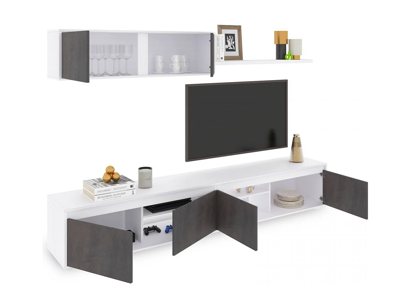 Salón con mueble de TV y estantería en blanco mate y óxido 200 cm Arlet Blanco Artik (Blanco Mate) - Óxido