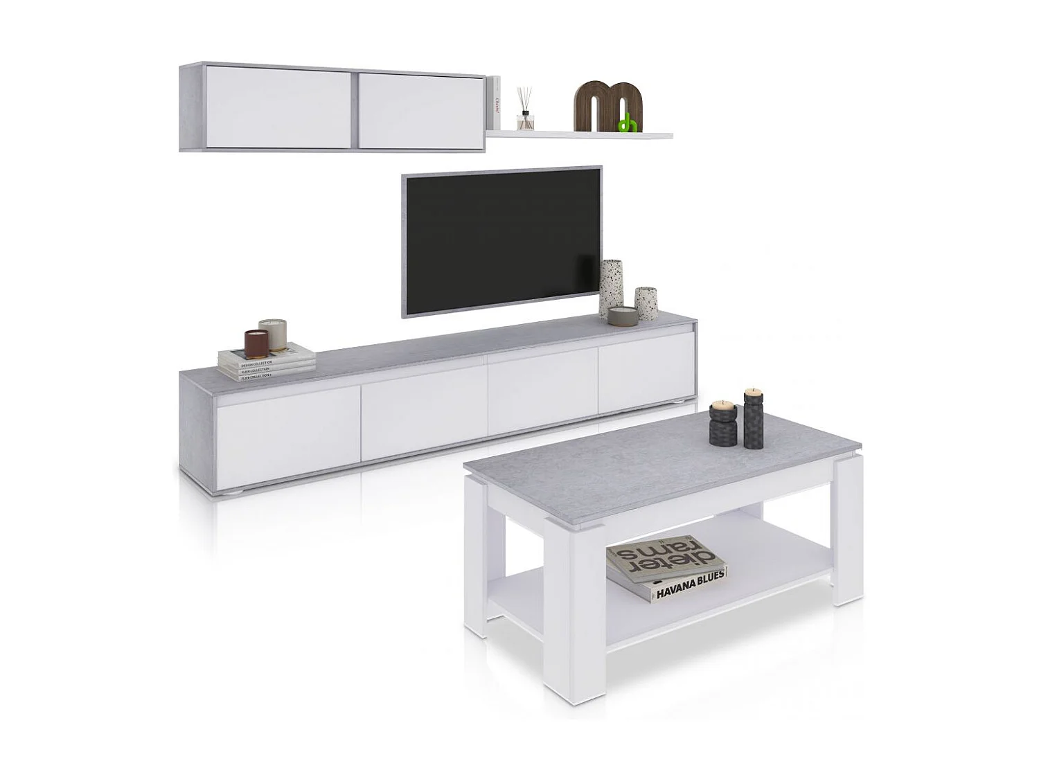 Pack salón con mesa de centro Arlet Plus Blanco Artik (Blanco Mate) - Gris Cemento