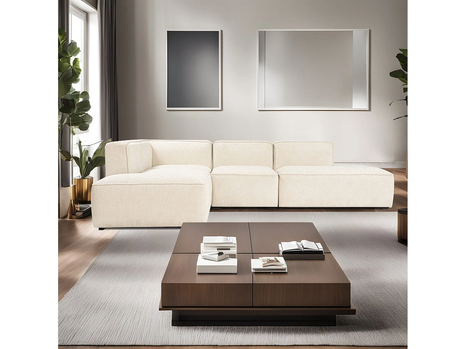 Canapé d'angle à gauche modulable Fertella Tissu bouclette Blanc