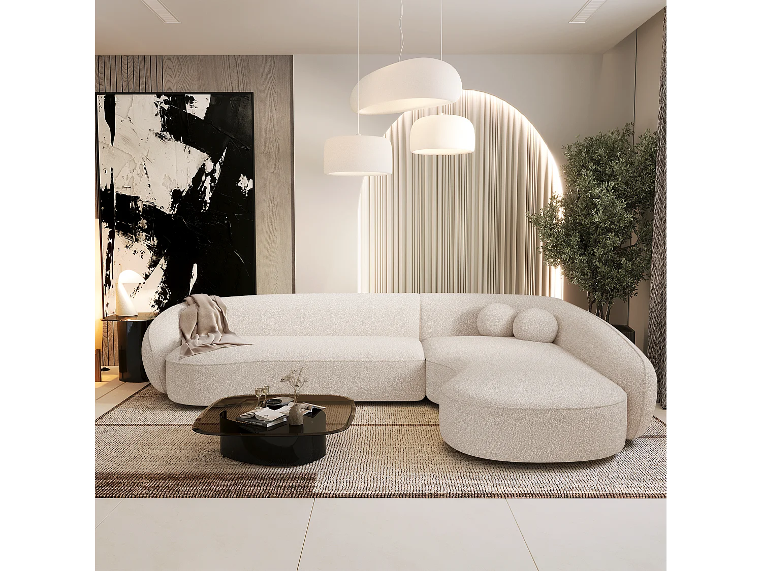 Canapé d'angle droit 4 places bouclette blanc cassé  COOPER