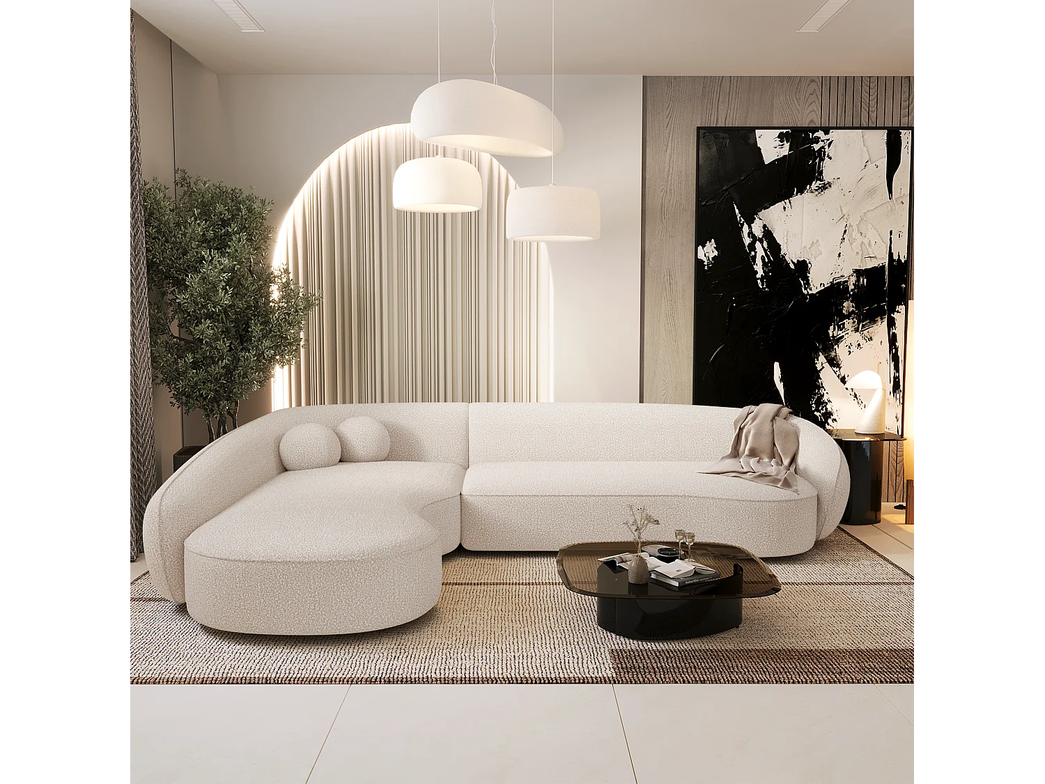 Canapé d'angle gauche 4 places bouclette blanc cassé  COOPER