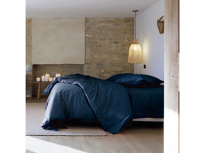 Parure de lit 260x240 cm set 50x70 cm percale MANOIR bleu Marine