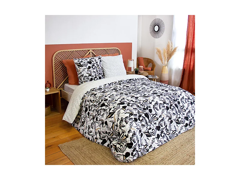 Parure de lit 240x220 cm en microfibre FLORE noir et blanc floral 3 pièces