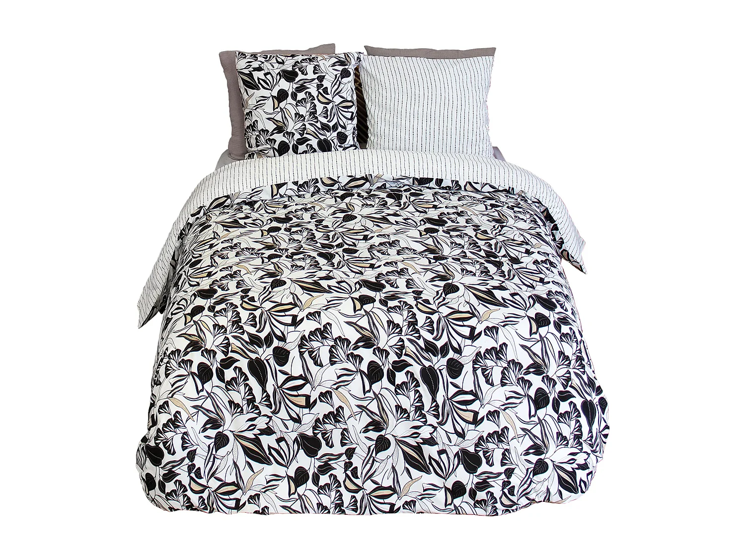 Parure de lit 240x220 cm en microfibre FLORE noir et blanc floral 3 pièces