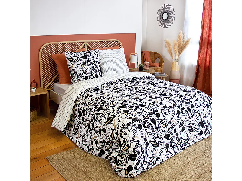 Parure de lit 240x220 cm en microfibre FLORE noir et blanc floral 3 pièces