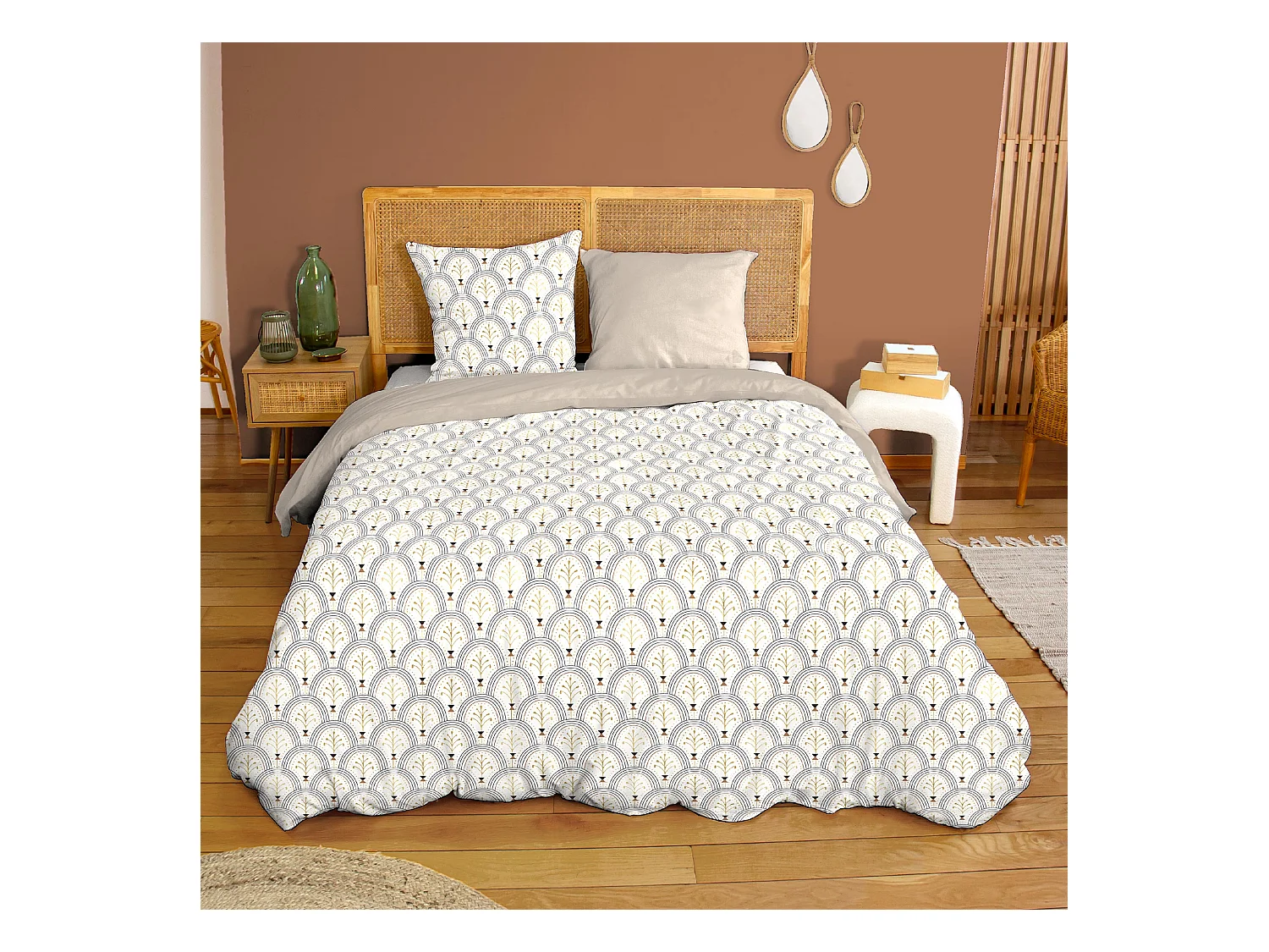 Parure de lit 240x220 cm en coton WAG motif géométrique blanc et bleu 3 pièces