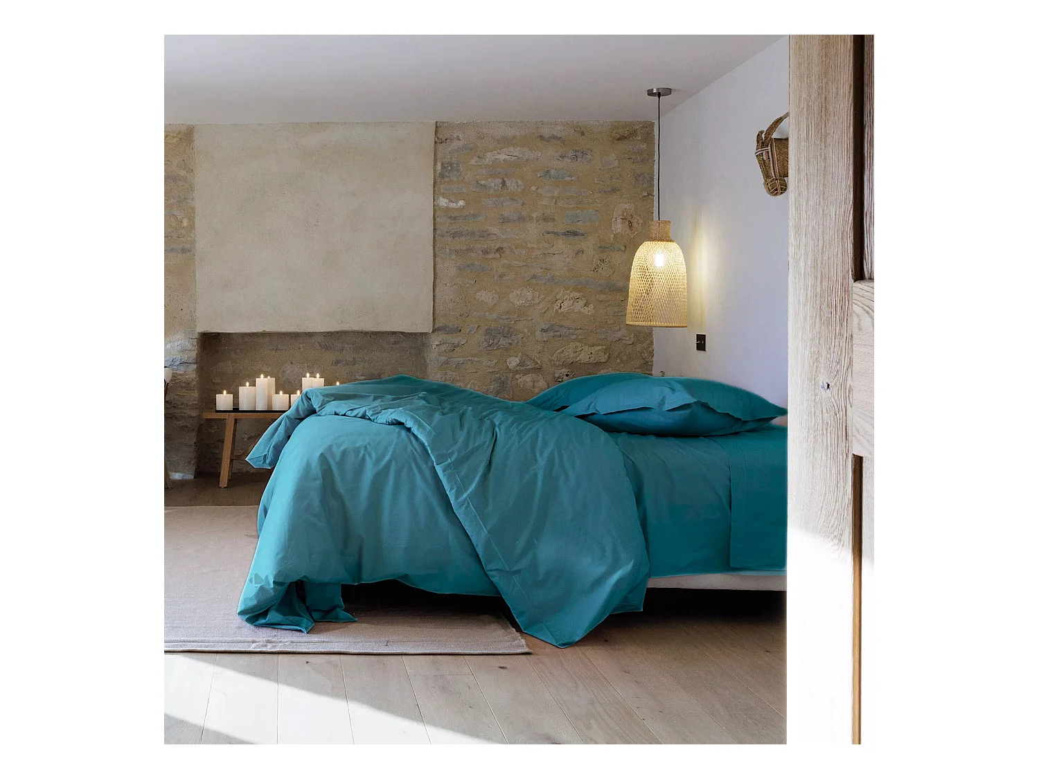 Parure de lit 240x220 cm et taie 50x70 cm percale MANOIR bleu Lagon