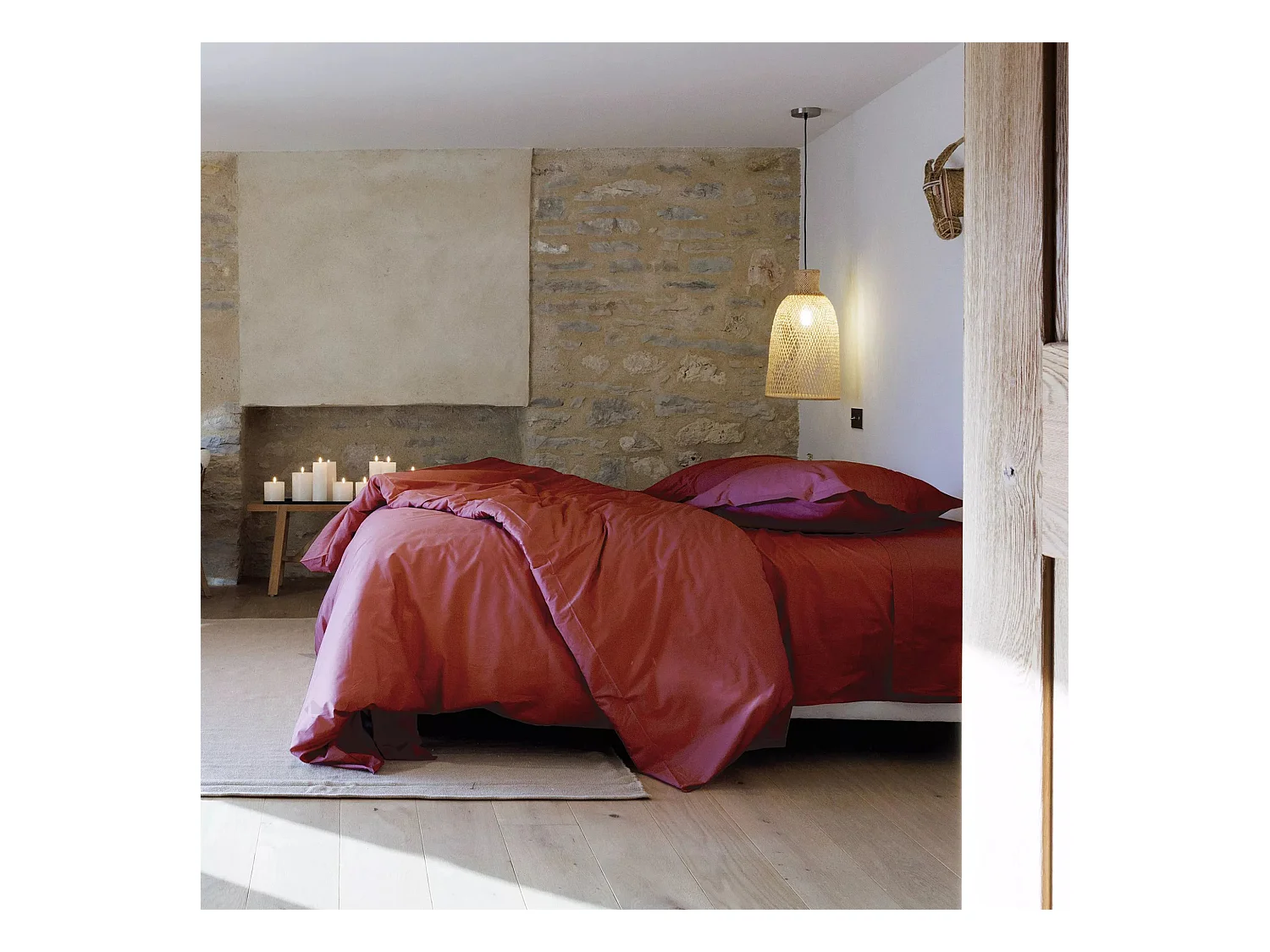 Parure de lit 280x240 cm et taie 50x70 cm percale MANOIR rose Pêche
