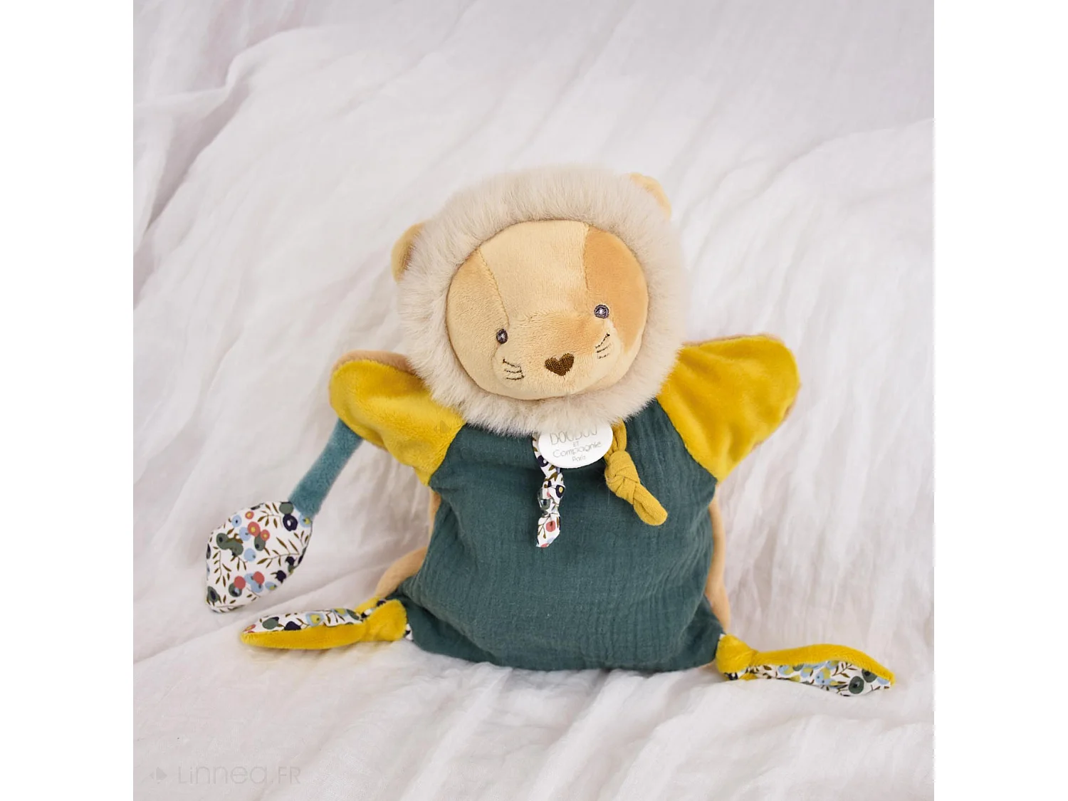 Doudou marionnette 25 cm polyester BOH'AIME lion jaune multicolore