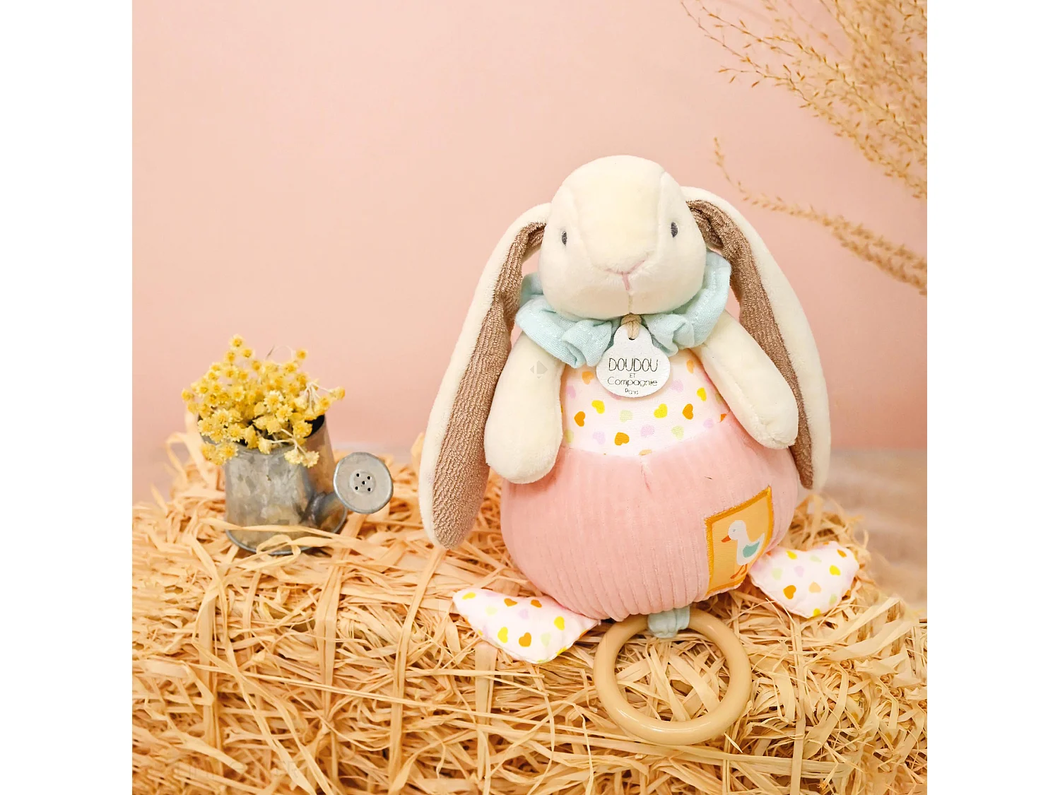 Doudou boîte à musique lapin Ciboulette 20 cm polyester collection DANS MON JARDIN rose
