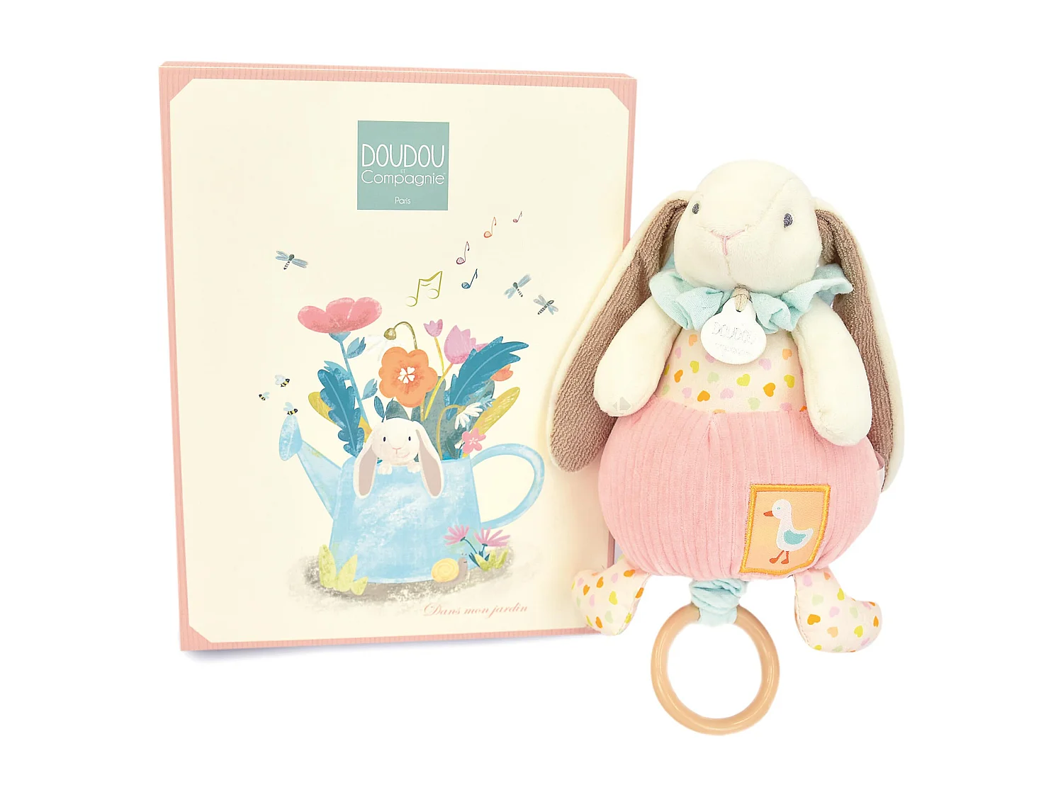 Doudou boîte à musique lapin Ciboulette 20 cm polyester collection DANS MON JARDIN rose