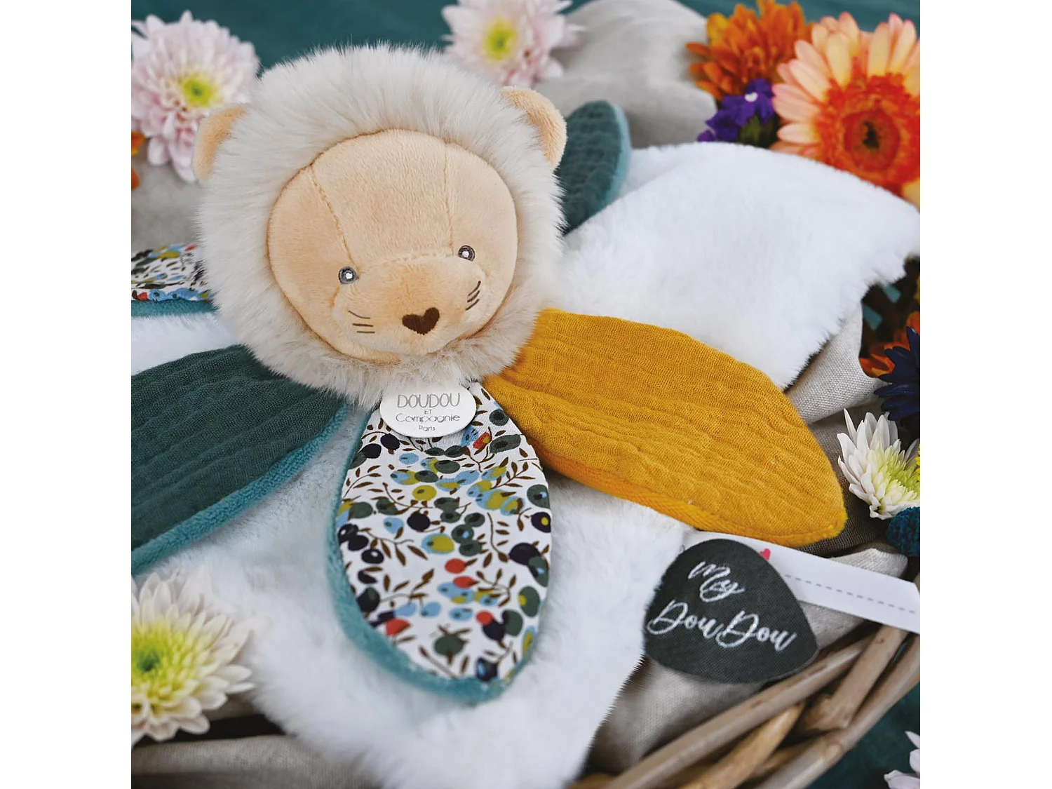 Doudou pétale 27 cm polyester BOH'AIME lion jaune multicolore