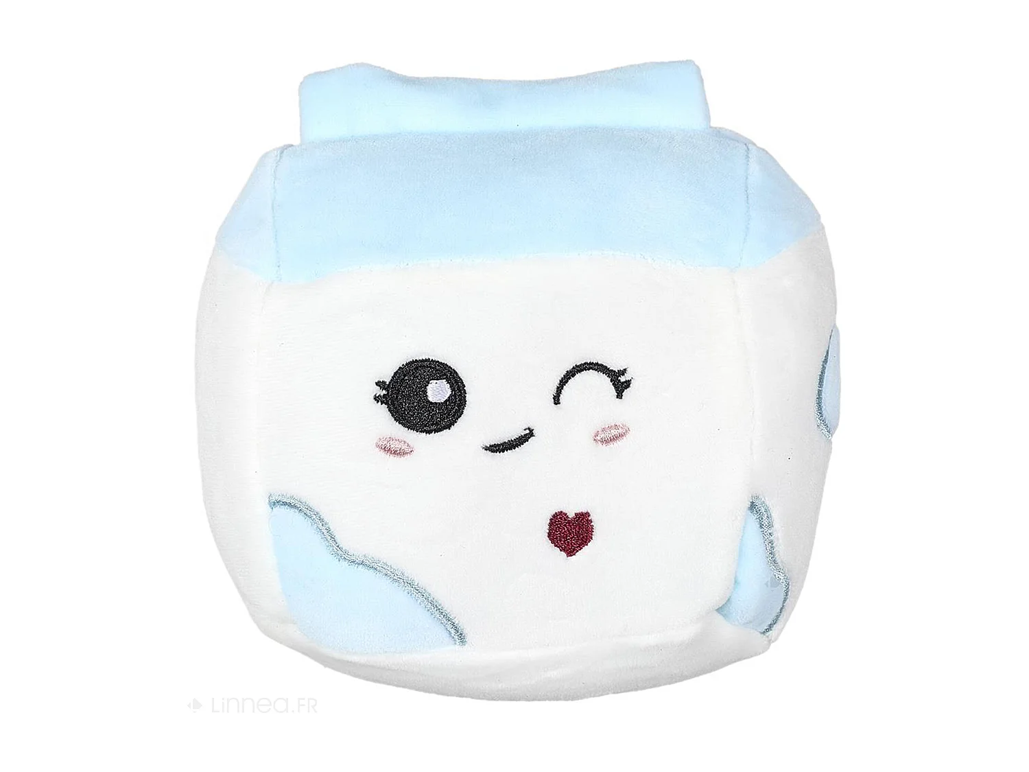 Peluche en polyester forme brique de lait BREAKFAST bleu et blanc