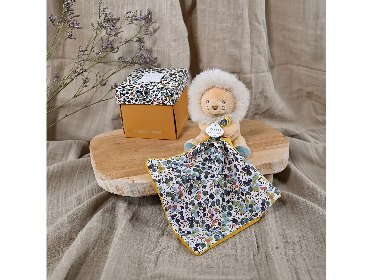 Doudou pantin 12 cm polyester BOH'AIME lion jaune multicolore