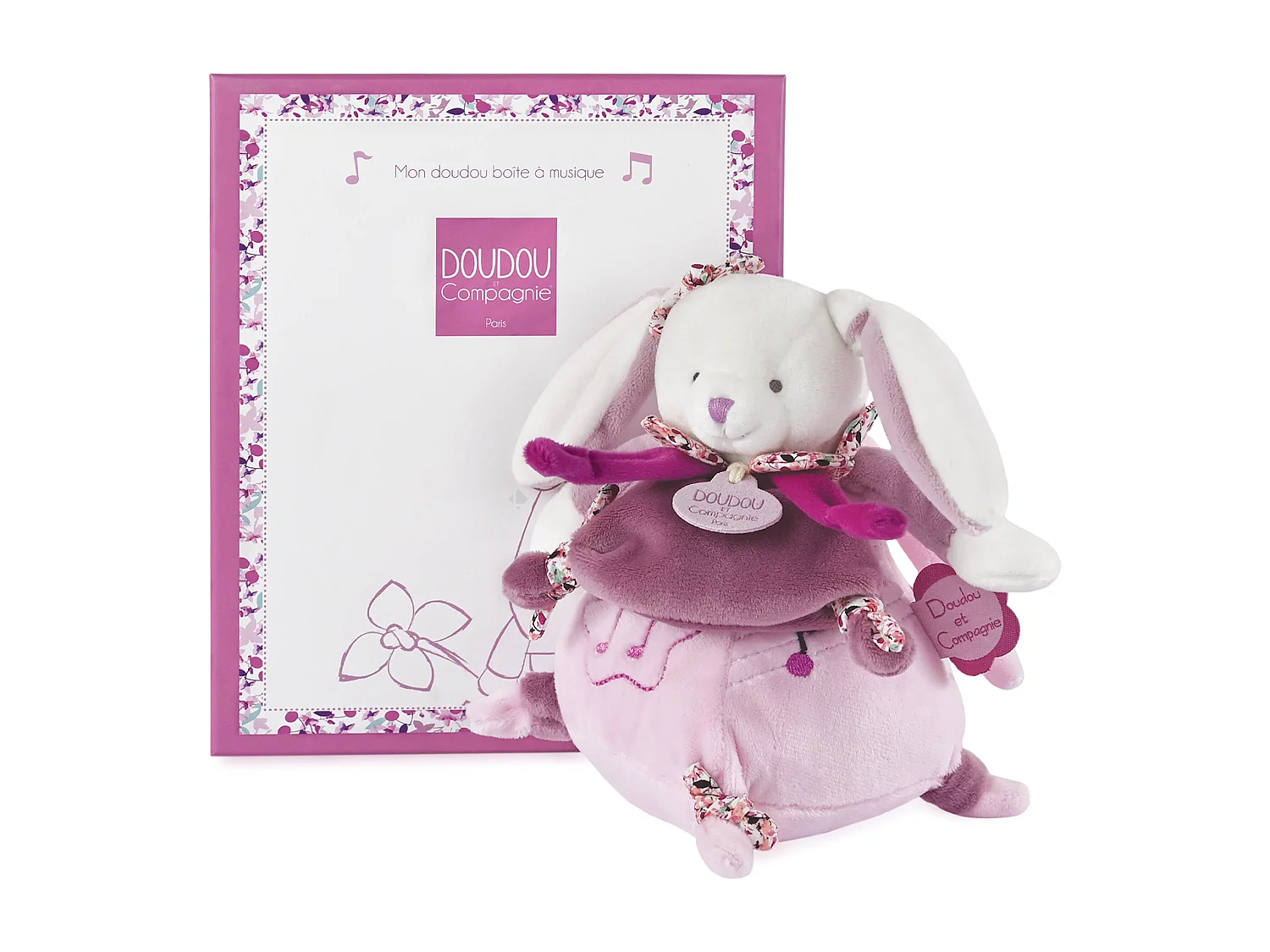 Doudou boîte à musique lapin 17 cm collection LAPIN CERISE rose