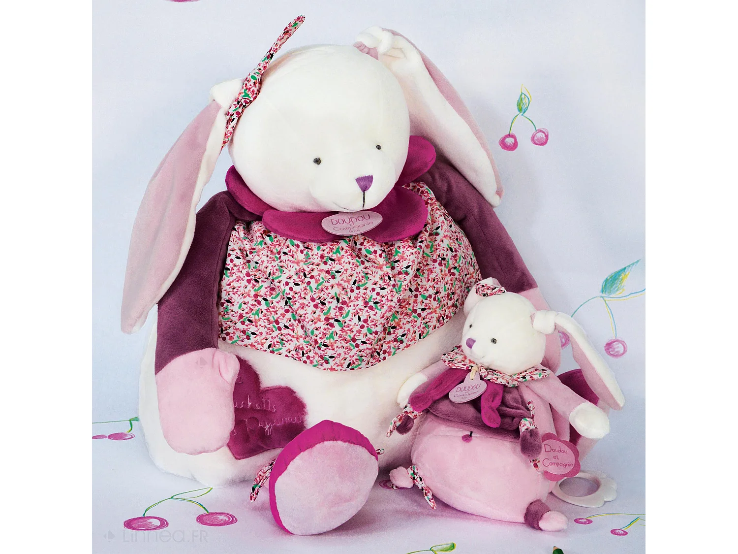 Doudou boîte à musique lapin 17 cm collection LAPIN CERISE rose