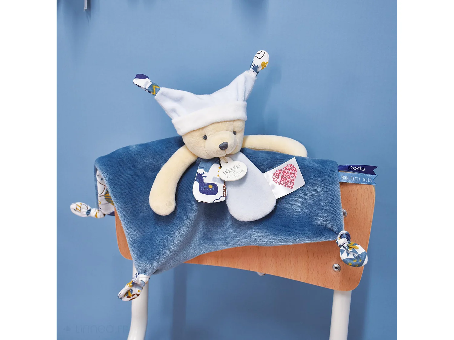 Doudou histoire 25 cm polyester collection LES PETITS FUTÉS ours bleu