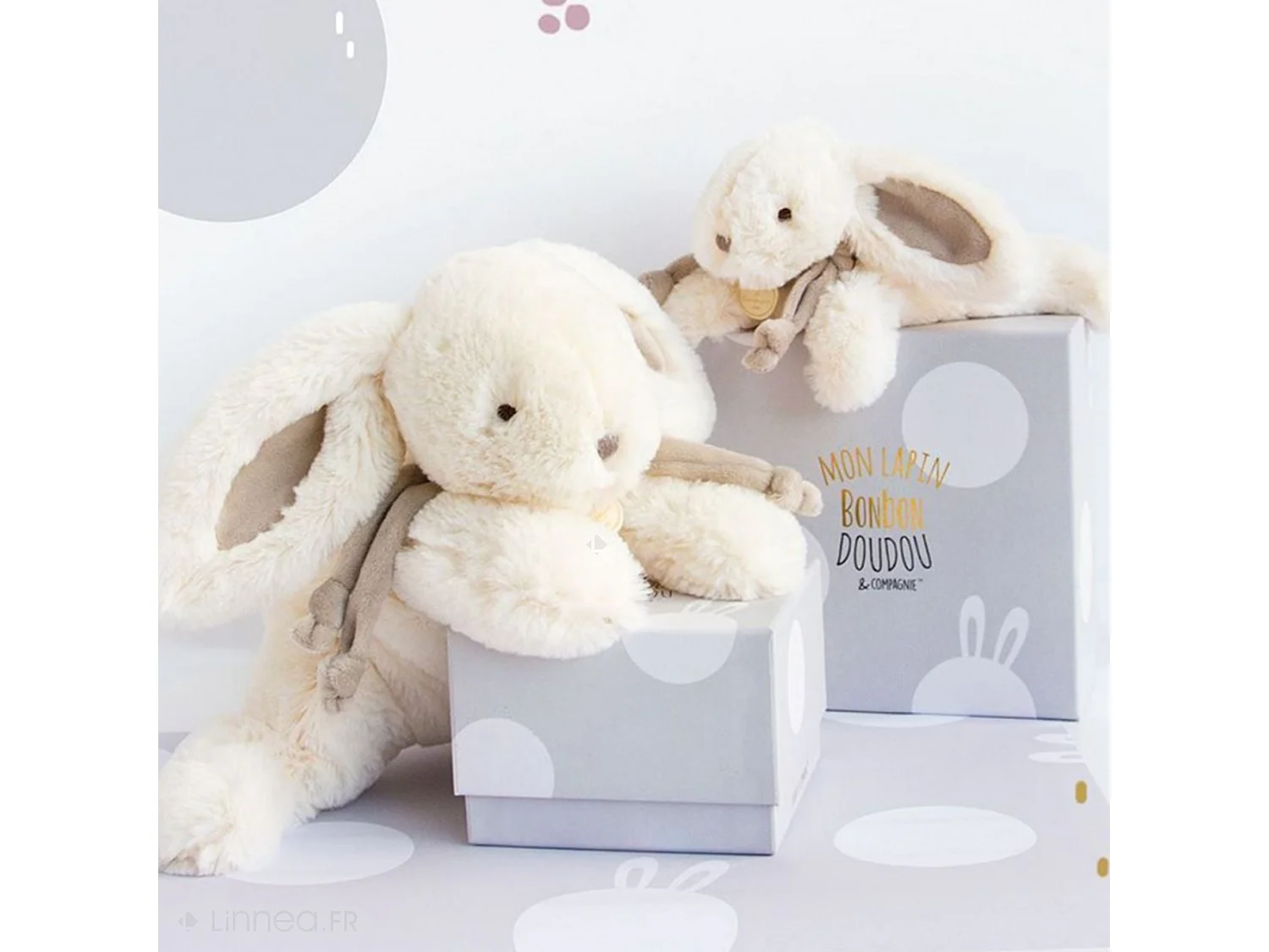 Doudou lapin 16 cm polyester collection LAPIN BONBON blanc/beige taupe