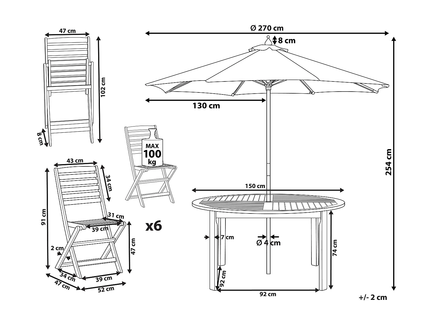 Gartenset Akazienholz hellbraun Tisch rund 150 cm mit 6 Stühlen Schirm Tolve
