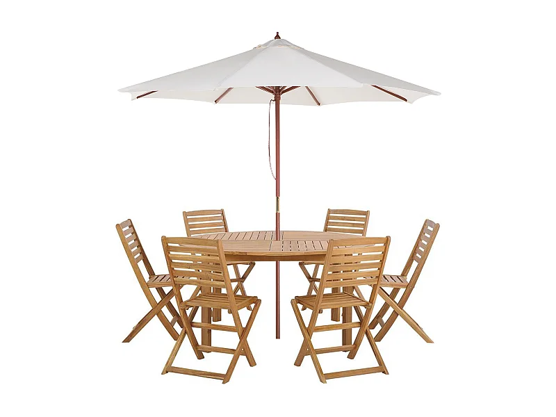 Salle à manger de jardin 6 places TOLVE avec parasol (12 options) Acacia Marron