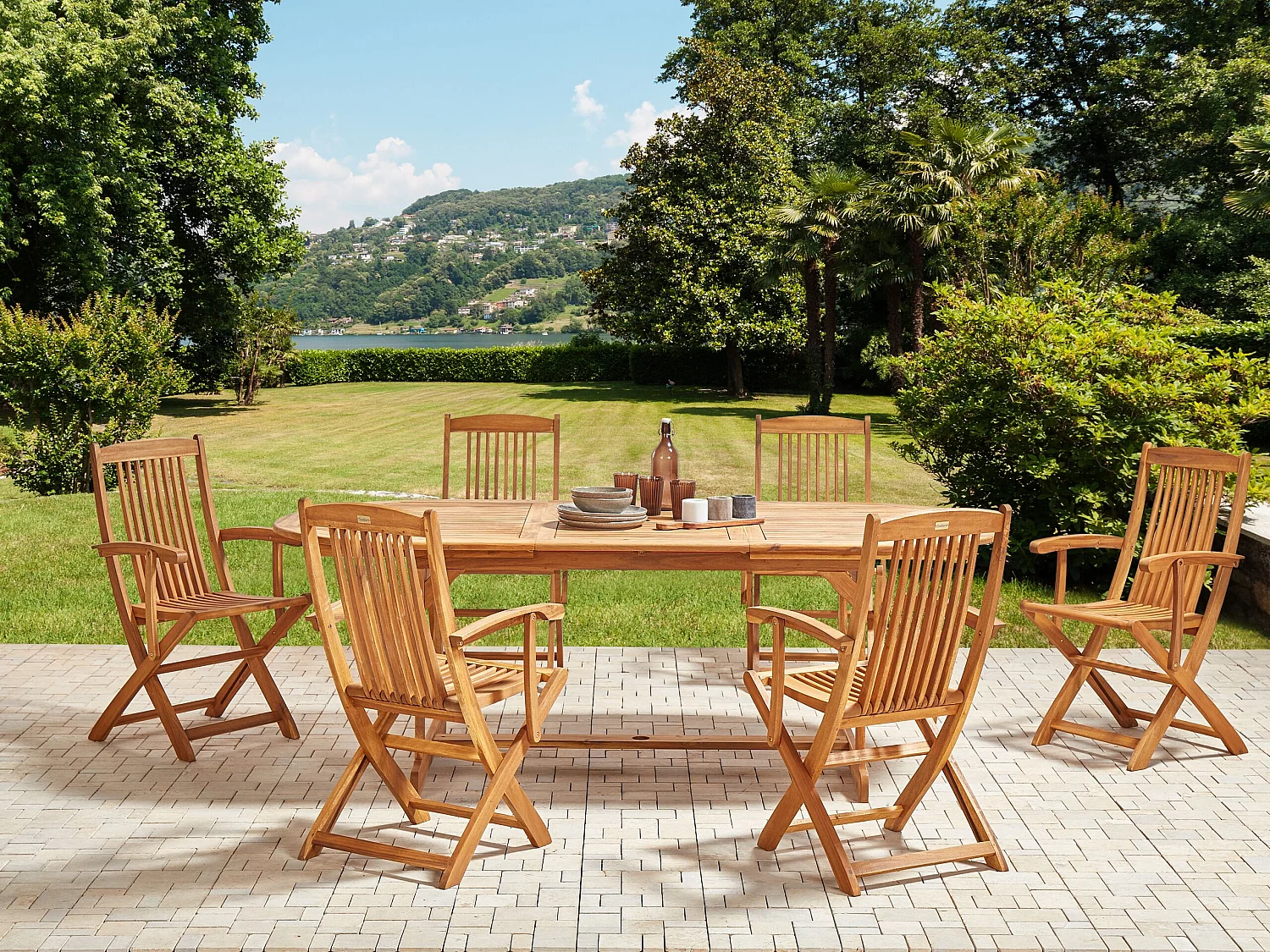 Gartenset Akazienholz heller Holzfarbton 6 Stühle Ausziehtisch oval Maui II