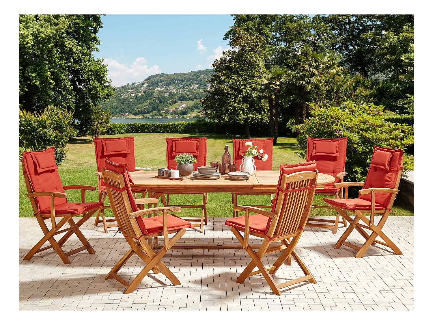 Gartenset Akazienholz heller Holzfarbton 8 Stühle Tisch Auflagen rot Maui II