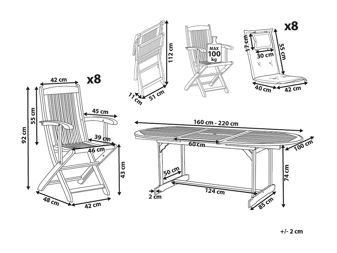 Set da pranzo da giardino 8 posti MAUI II con cuscini Legno d'acacia Rosso scuro
