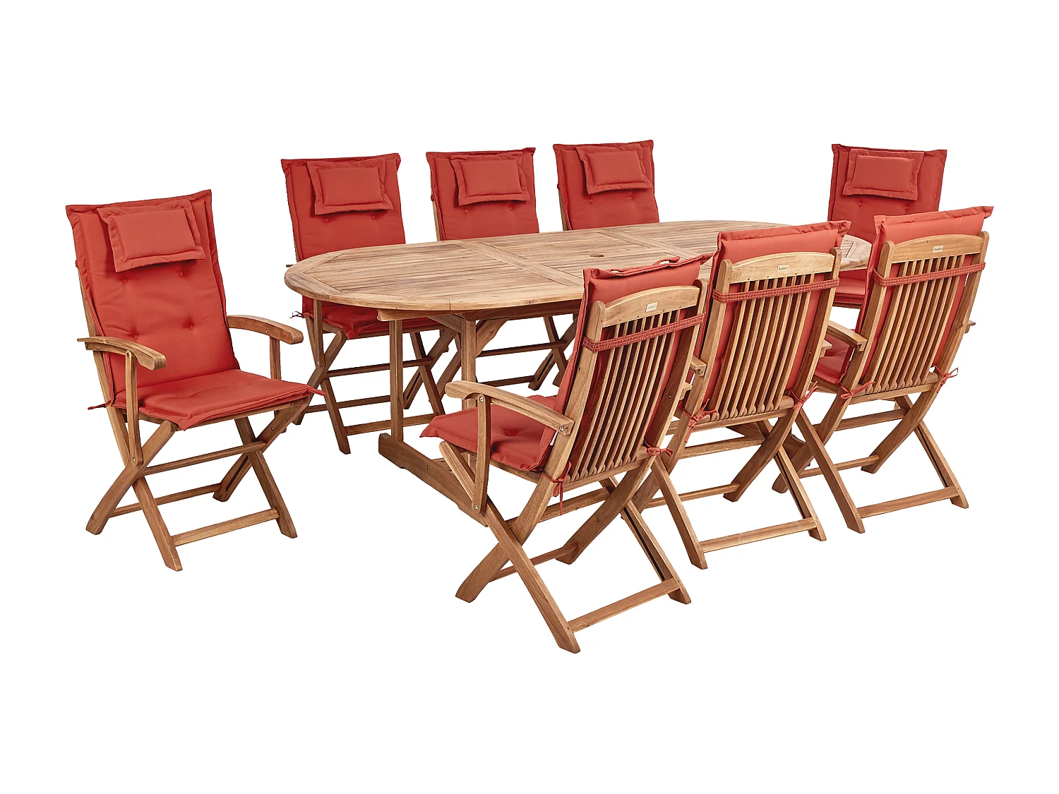Gartenset Akazienholz heller Holzfarbton 8 Stühle Tisch Auflagen rot Maui II