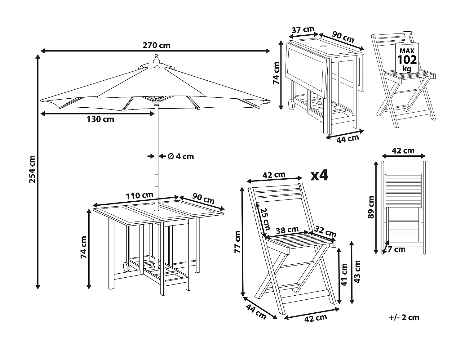 Salle à manger de jardin 4 places FRASSINE avec parasol (12 options) Acacia Naturel