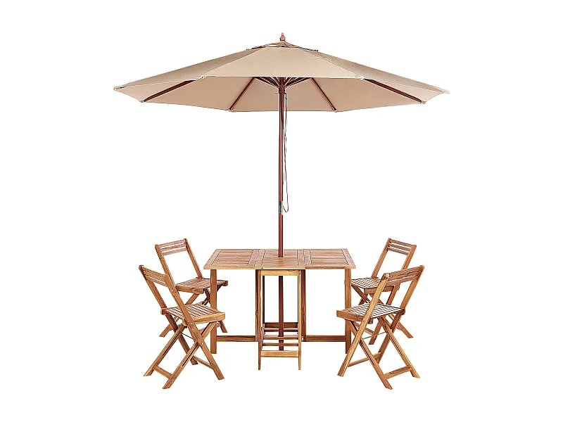 Salle à manger de jardin 4 places FRASSINE avec parasol (12 options) Acacia Naturel
