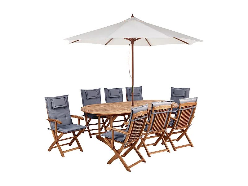 Gartenset Akazienholz heller Holzfarbton mit Auflagen grau Sonnenschirm Maui II