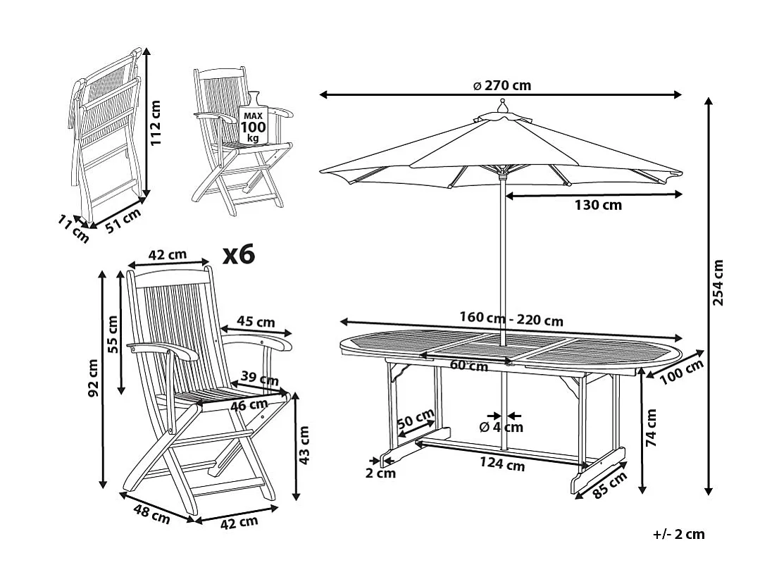 Gartenset Akazienholz heller Holzfarbton 6 Stühle Ausziehtisch Schirm Maui II