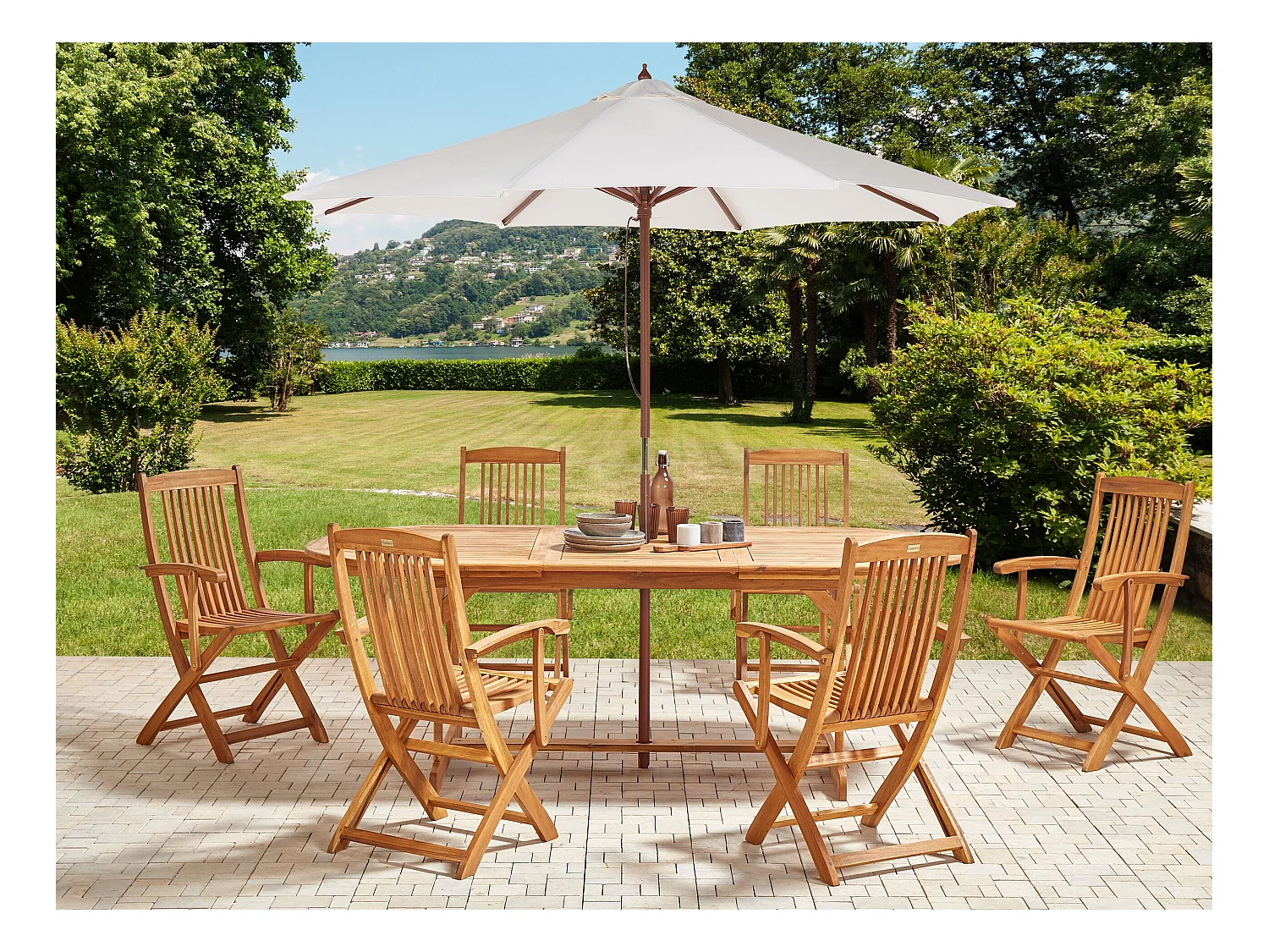 Salle à manger de jardin 6 places MAUI II avec parasol (12 options) Acacia Marron clair