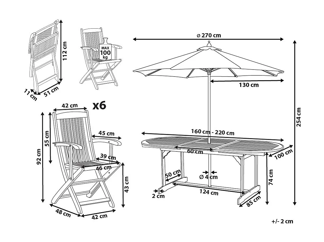 Gartenset Akazienholz heller Holzfarbton 6 Stühle Ausziehtisch Schirm Maui II