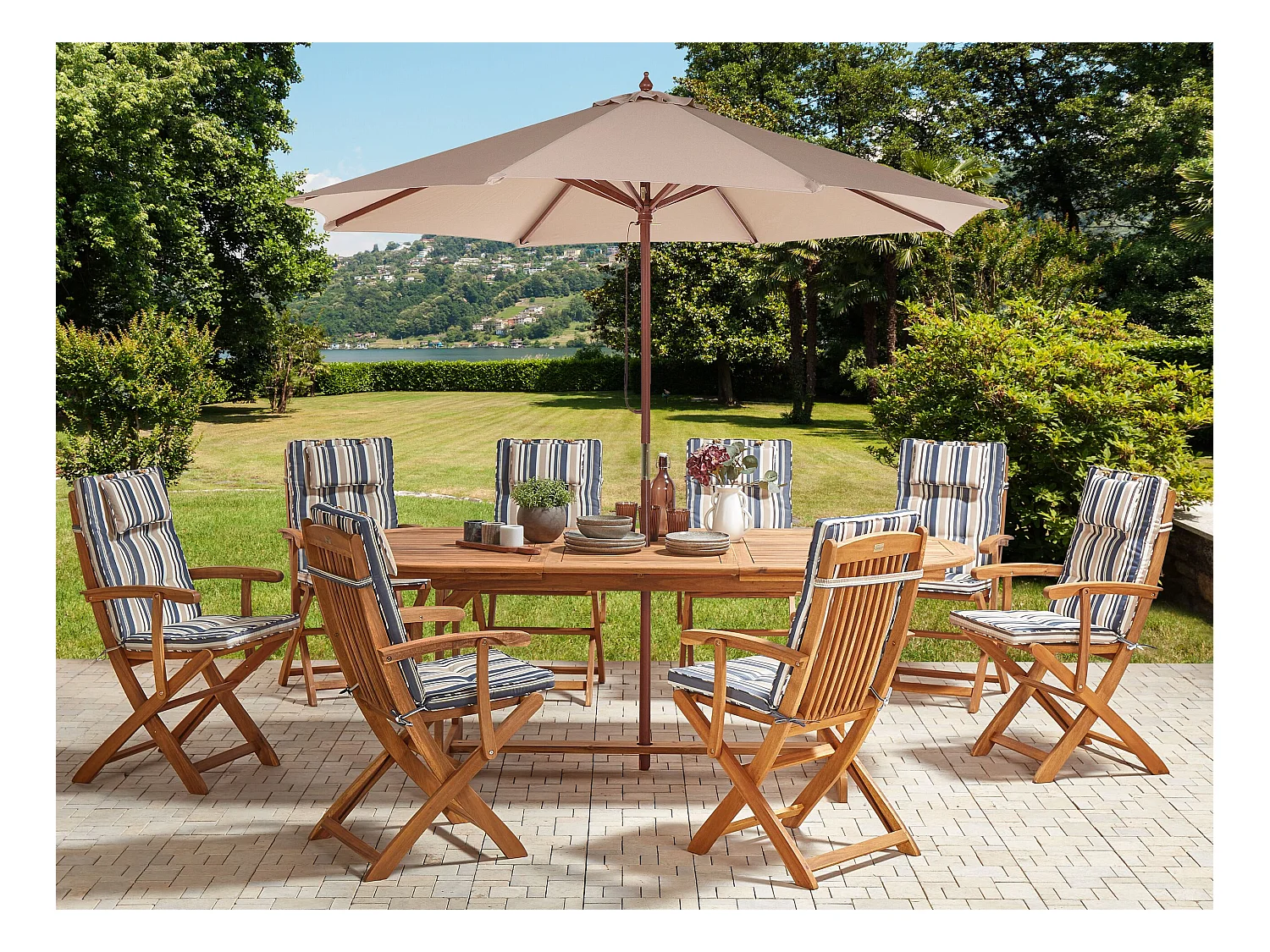 Salle à manger de jardin 8 places MAUI II avec parasol Acacia Multicolore