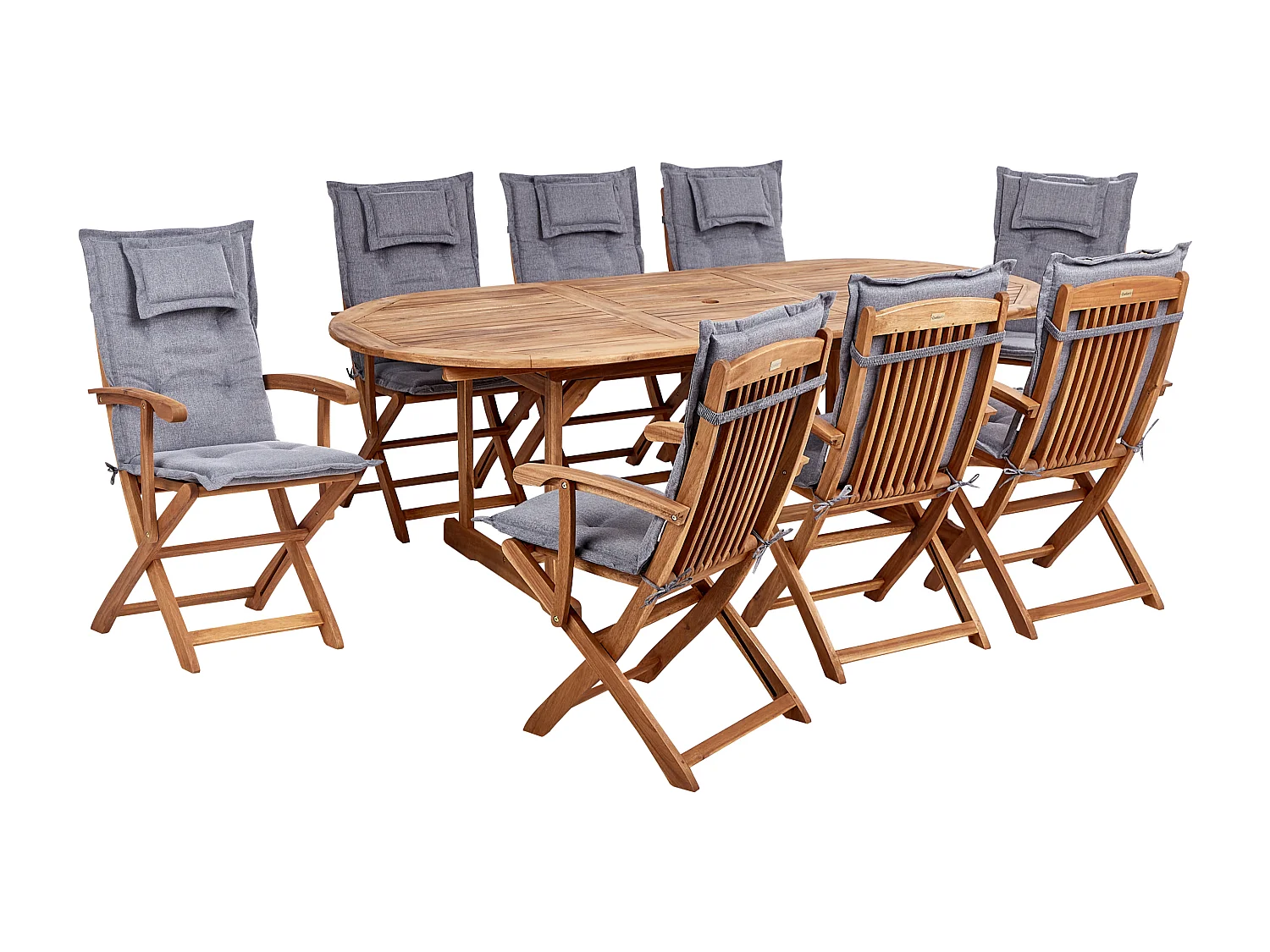 Gartenset Akazienholz heller Holzfarbton 8 Stühle Tisch Auflagen grau Maui II