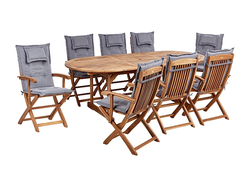 Conjunto de comedor exterior 8 plazas MAUI II con cojines Madera de acacia Gris