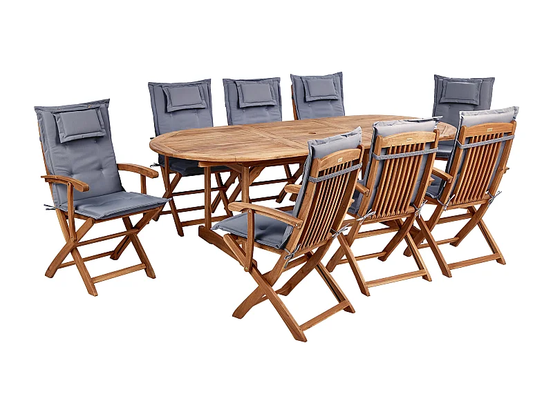 Gartenset Akazienholz heller Holzfarbton 8 Stühle Tisch Auflagen grau Maui II