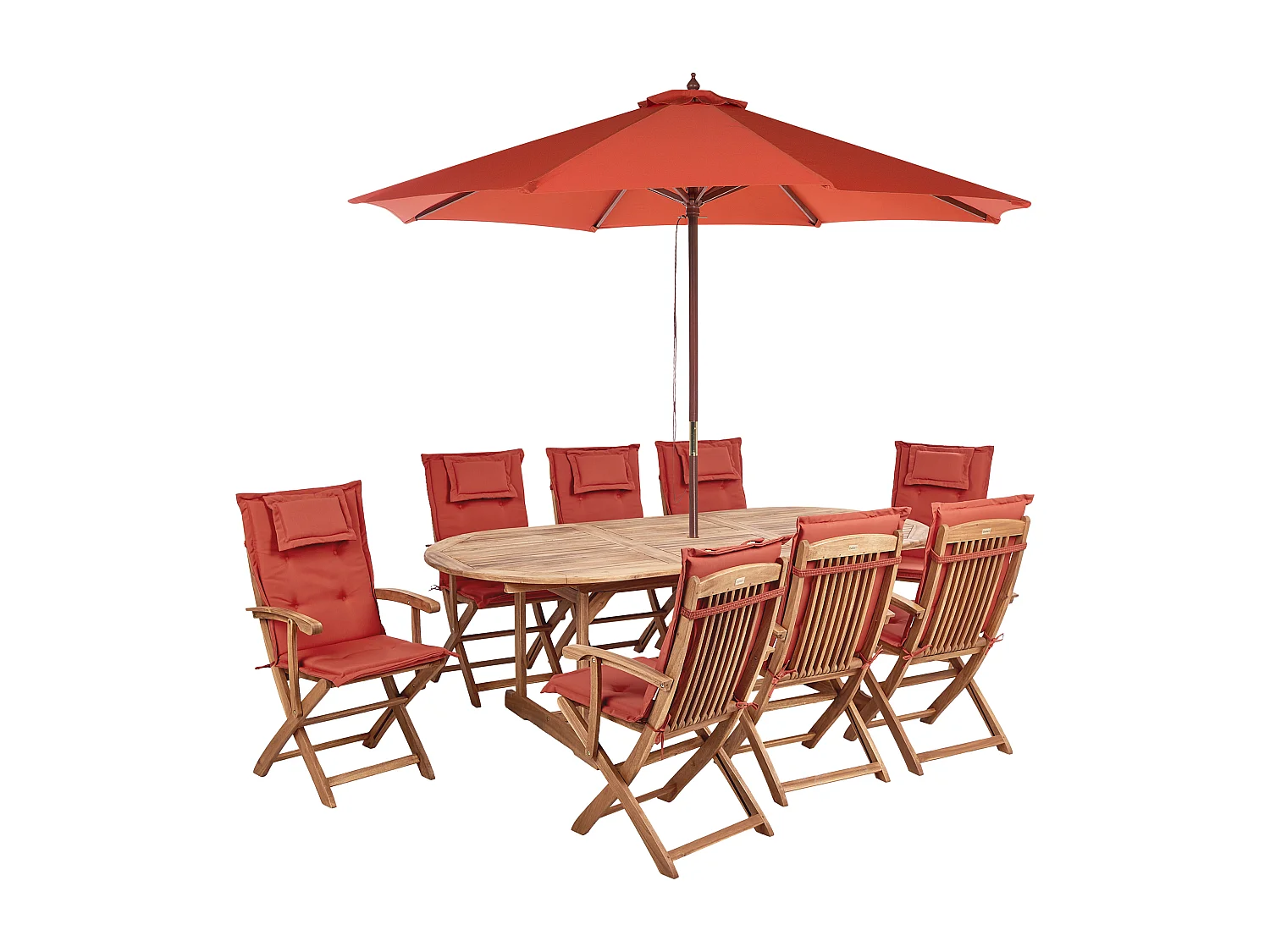 Salle à manger de jardin 8 places MAUI II avec parasol Acacia Rouge foncé