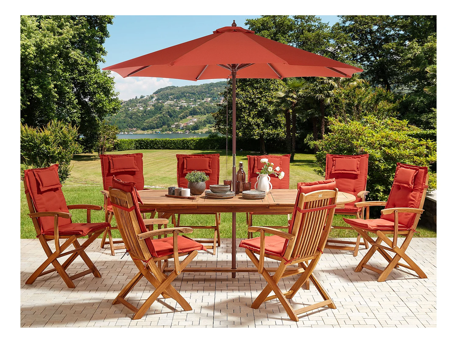 Salle à manger de jardin 8 places MAUI II avec parasol Acacia Rouge foncé