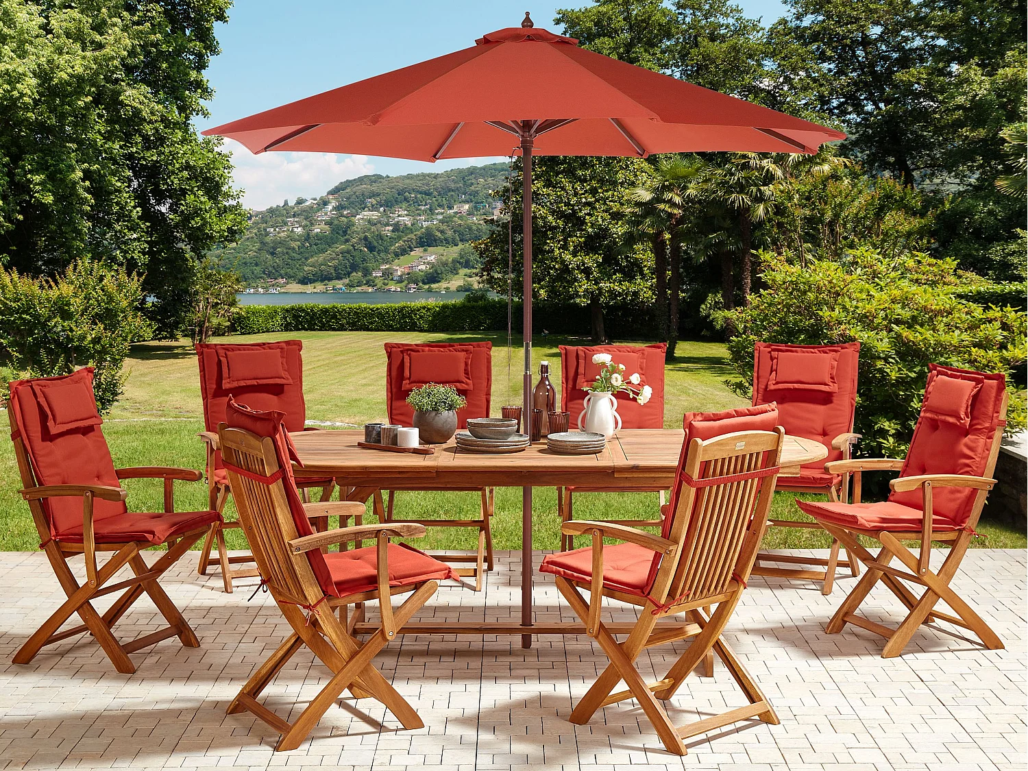 Set da pranzo da giardino 8 posti MAUI II con Ombrellone Legno d'acacia Rosso scuro