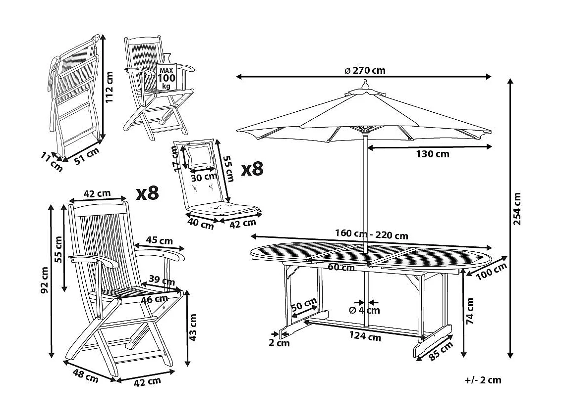 Set da pranzo da giardino 8 posti MAUI II con Ombrellone Legno d'acacia Rosso scuro