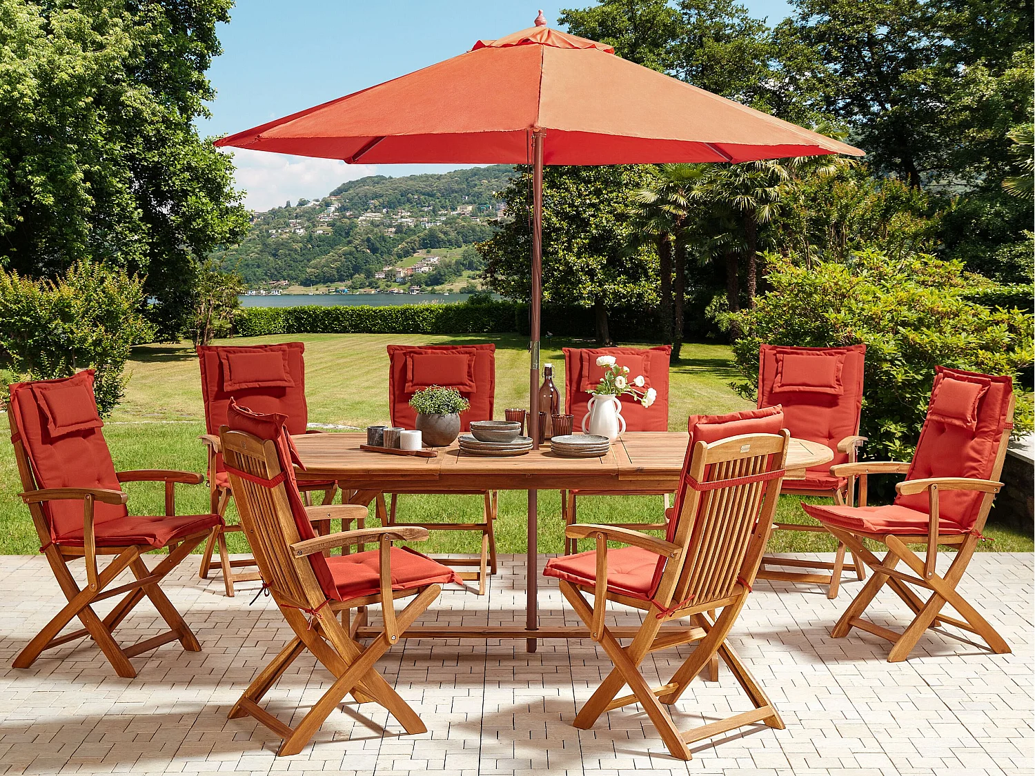 Salle à manger de jardin 8 places MAUI II avec parasol Acacia Rouge foncé